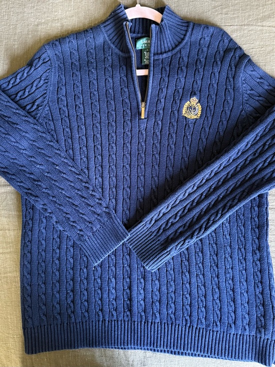 Ralph Lauren Sweaters - Vintage LAUREN Ralph Lauren Women’s Navy Cable-Knit Half-Zip Sweater with Crest